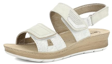 inblu Femme Sandali Donna Con Tripla Chiusura A Strappo Regolabile E Strass, Plantare in Vera Pelle Sandale Glissante, Glace, 37 EU