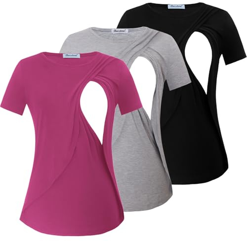 Bearsland dam kortärmad amningstoppar moderskap skjortor dubbla lager amning t-shirts graviditetskläder 3-pack, Svart och ljusgrå och persikoröd, XL