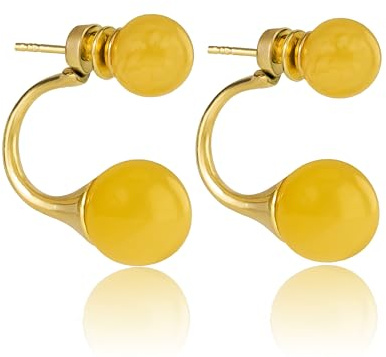 Amber by Mazukna Ohrstecker für Damen - 24K Vergoldetes Silber | Doppel-Kugel Design Ohrringe mit natürlichen Baltischen Bernsteinstücken, leichtes Schmuckgeschenk für den Alltag