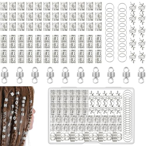 VIVIIHOO 100 Stück Haarschmuck Silber Dreadlocks Schmuck Haarperlen, Metall Haarringe für Zöpfe, Verstellbare Cuffs Haarspiralen für Braids Zubehör Dekoration