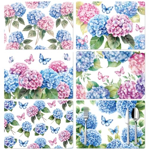 Peacoblue Floral Placemats Set of 6 Hydrangea and Butterflies,12x17 Waterproof Washable Table Place Mats for Indoor Outdoor Farmhouse Party Kitchen Dining Table Decoration