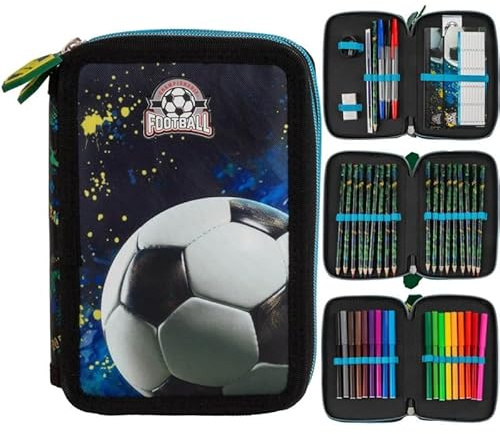 Ragusa-Trade Fussball Sport Soccer Football, 3-Fach Federtasche Federmappe, 44 TLG. gefüllt für Kinder Jungen Mädchen, schwarz, 20 x 13 x 7 cm