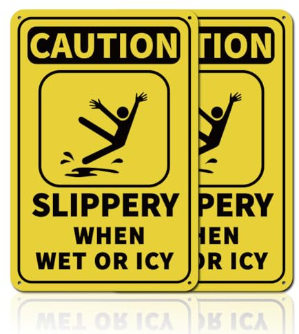 GLOBLELAND 2Pcs Caution Slippery When Wet or Icy Metal Sign 8x12inch 35 Mil Aluminum Warning Sign for Outdoor Areas Driveways Walkways Parking Lots Staircases UV Protected and Waterproof
