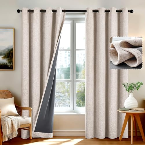 Deconovo Faux Linen Total Blackout Curtians Thermal Insulation Eyelet Curtains for Bedroom with TPU Backing, Linen 66 x 54 Inch(Width x Length), 2 Panels