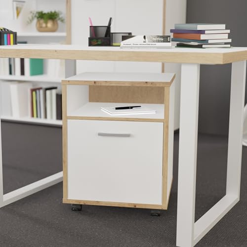 Forte KEFLAVIK Rollcontainer 50, Rollschrank mit Tür und Stauraumfach, Holzwerkstoff, Weiß | Artisan Eiche Holzdekor, 49,8 cm breit x 64,6 cm hoch x 52,2 cm tief