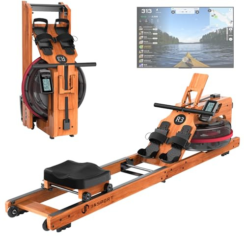 JASPORT R3 Faltbares Rudergerät aus Eichenholz, mit Bluetooth-fähigem LCD-Display, kompatibel mit Kinomap, 28L Wassertank, belastbar bis 150 kg, ergonomischer Sitz, Verstellbarer Tablethalter