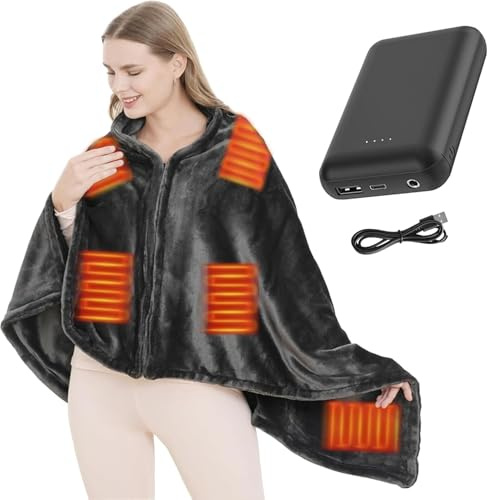 ZMURED Wireless Heated Blanket with Battery 180x90cm, Electric Blanket with Battery and 3 Heating Levels, Flannel Heated Blanket Washable Double-Sided, Heat Pad for Sofa, Office, Outdoor Campin
