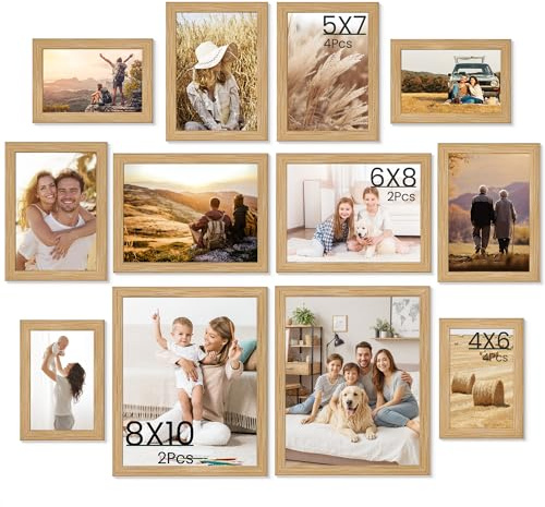 KovaScape 12-teiliges Bilderrahmen-Set Eiche, WPC Holzoptik Collage-Bilderrahmen für Wand & Tisch, 10x15 13x18 15x20 20x25 cm, Bruchsichere Acrylglasscheibe, Sicher für Kinder & Haustiere