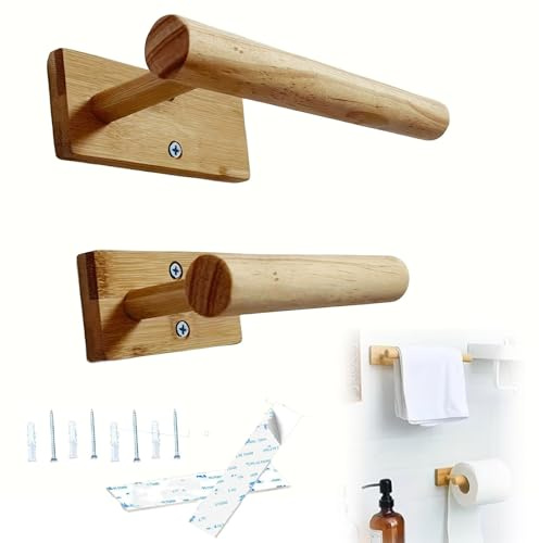 Set di Portarotolo da Parete in Bambù, 2 Pezzi Portarotolo con Barra Portasciugamani in Legno e Gancio per Asciugamani. Ideale per Cucina, Soggiorno e Camera da Letto