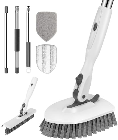 SetSail Tile Tub Floor Scrubber with V-Shaped Grout Brush, White Grey | with 3 Detachable Replacement Brush Head, Multi-Angle Cleaning Locks at 45°, 90°, 180° for Bathroom Kitchen Walls Tub Tile