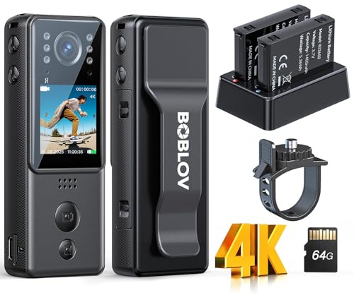 BOBLOV Mini Body Camera 4K, A29 with Rotation Lens, Small Bodycams with Night Vision, 2X 1400mAh Batteries with Charging Dock, Bike Mount Included for Police, Patrol, and Cycling (64GB)