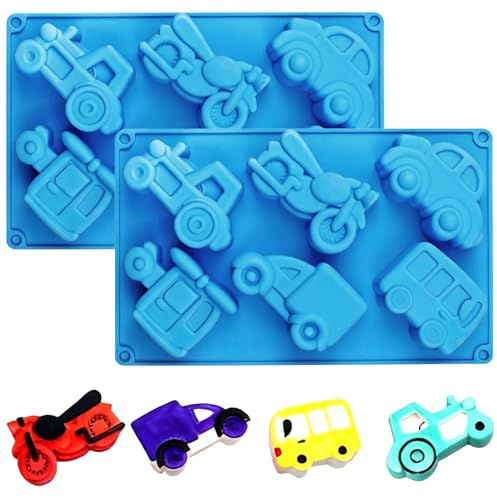 2PCS Car Silicone Moulds, 6 Cavities Vehicles Car Chocolate Mould, 3D Car Shaped Chocolate Molds, Nonstick Baking Bakeware Reusable Silicone Mold for Pastry, Dessert, Soap