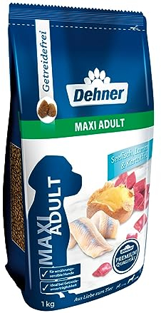 Dehner Premium Hundefutter Maxi Adult, Trockenfutter getreidefrei, für ausgewachsene Hunde großer Rassen, Fisch / Lamm / Kartoffel, 12.5 kg