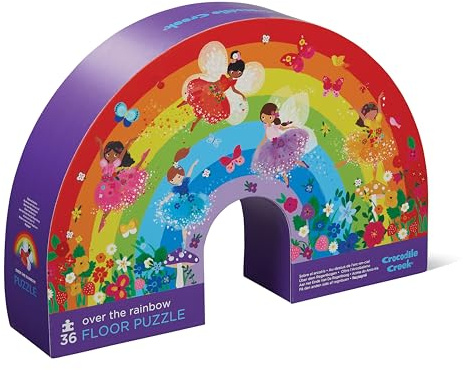 Crocodile Creek 36-Piece Jigsaw Floor Puzzle - Fun Floor Puzzles for Kids Ages 3-5 - Heavy-Duty Shaped Box for Storage - Over The Rainbow - 24 W x 18 H Finished