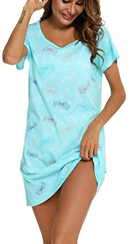 ENJOYNIGHT Camisón de Manga Corta para Mujer Camisones de Algodón Estampado Pijama de Verano (Small,Mariposa Azul)