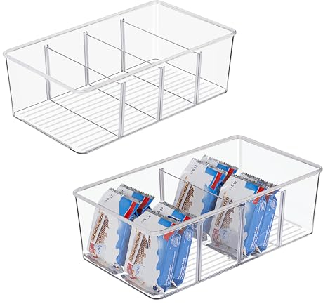 Vtopmart 4 Pack Food Storage Organizer Bins, Clear Plastic Bins for Pantry, Kitchen, Fridge, Cabinet Organization and Storage, 4 Compartment Holder Packets, Snacks, Pouches, Spice Packets