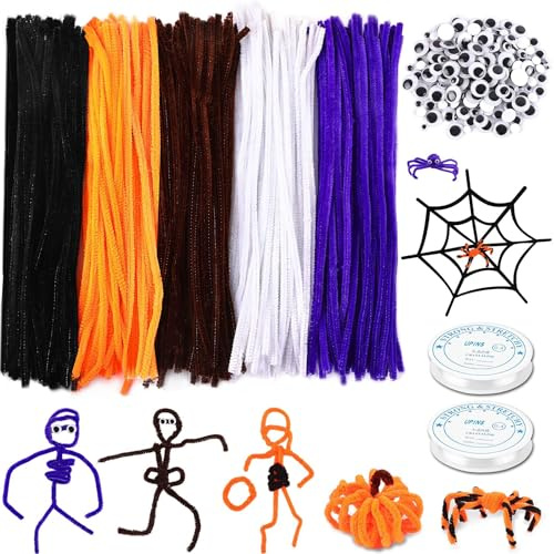Halloween Pfeifenreiniger Set, UPINS 550 Stück Pfeifenreiniger zum Basteln, 5 Farben Chenille Pfeifenputzer mit 4 Größen Wackelaugen für Halloween DIY Basteln | 250 Chenille-Stiele und 300 Wackelaugen, lila, orange, schwarz, Bastelbedarf, Urlaubsparty-Dekoration