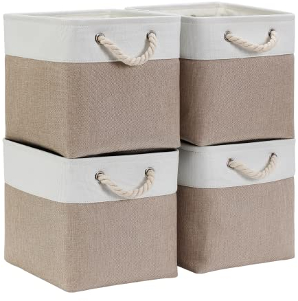 Mangata Cube Storage Boxes 28x28x28cm, Fabric Storage Basket for Cupboards, Shelves, Closet, Light Khaki White（Collapsible, 4 Pack）