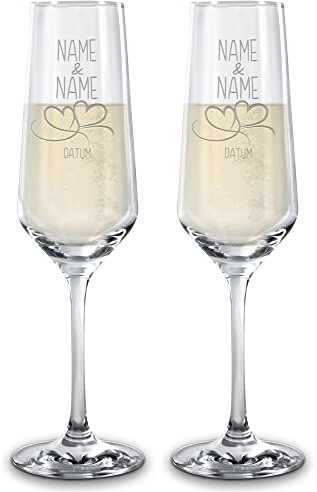 Sekt-Glas mit Gravur - Herzen - mit Namen & Datum selbst gestalten - Sekt-Gläser graviert für Paare, Geschenk Valentinstag, Hochzeit, Weihnachten, 2er-Set