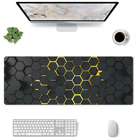 Mauspad XL mit genähten Kanten, erweitert, groß, rutschfest, Gummi, Schreibtischunterlage für Büro, Arbeit, Spiel, Laptop, Computer, Desktop-Schutz, 31,5 x 11,8 cm, Schwarz / Gelb