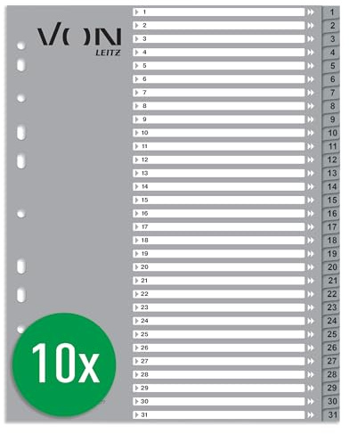 De hojas de registro A4 números, 1-31 hojas de separación numéricas para carpetas, PP, extra ancho, 11 agujeros universales para carpetas rápidas y libros de anillas, de Leitz, gris, 12770085