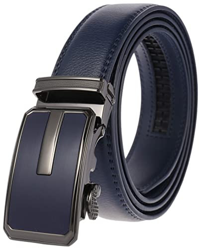 Anopo Herren Gürtel Ratsche Echtleder Slide Automatische Legierung Schnalle Jeans Kostüm Gürtel für Casual Business Dress Verstellbare Garnitur Blau 125CM