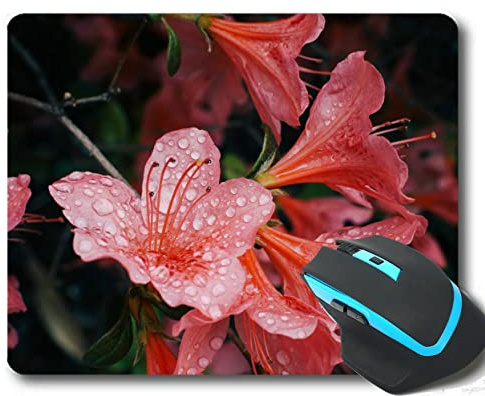 YENDOSTEEN Anpassa din spelmusmatta, rosa azalea blommor vattendroppar musmattor med sydda kanter 220 x 180 x 3 mm