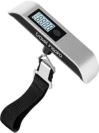 travel inspira Báscula para Maletas de Viaje Portátil, Pesa de Equipaje de Mano con Pantalla LCD Retroiluminada, Indicador de Sobrecarga y Función Tara, Gadgets Esenciales, Capacidad 50kg/110lb, Plata
