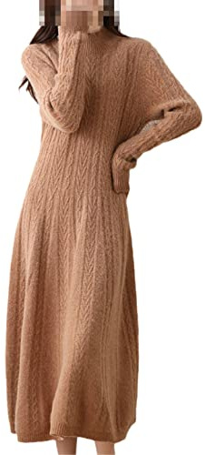 Ruereuu Vestido de Mujer Suéter de Cachemira de Punto Vestido Largo Lana Merino Cuello Alto Falda de Oficina, dorado, S
