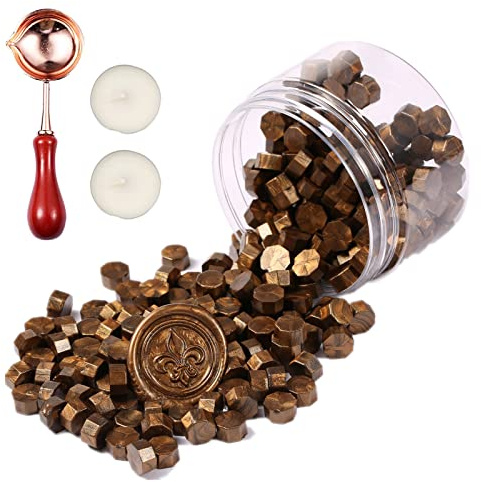 Comealltime 248 pièces Set de cire à cacheter, Perles de cire à cacheter octogonales avec 2 bougies chauffe-plat et 1 cuillère à fondre, Cire à cacheter pour tampon de sceau en cire (Browncoffee)