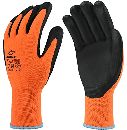 BWOLF PUSH 12/120 Paia di Guanti da Lavoro da Uomo, Guanti Meccanici, Guanti da Montaggio da Uomo con Robusta Schiuma Nitrile Arancione 9 (12 Paia)