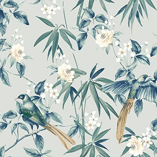 SOPHIE LAURENCE Papier peint floral - Oiseaux gris, bleu, vert - Papier peint oriental épais et solide - Papier peint texturé épais et résistant