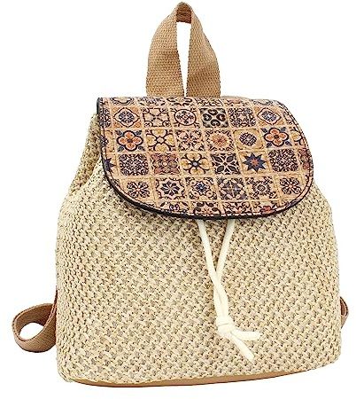 MilyaDE Sac à dos en paille - Sac de plage fait à la main - Avec cordon de serrage - Style bohème - Pour femme - Voyage - Vacances, Motif B kaki