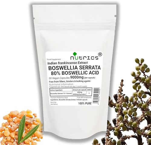 Nutrics® 9000mg (per Capsule) BOSWELLIA SERRATA Extract 80% Boswellic Acid 30 V Capsules - Indian Frankincense - 100% Pure, No fillers, Binders or Bulking Agents