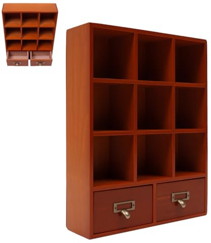 Setzkasten aus Holz mit 9 Fächern, 2 Schubladen für Figuren Mineralien | Kiefernholz, offene Präsentation, verdeckte Aufbewahrung, Sortierbox für Sammlerstücke, Büro und Wohnzimmer