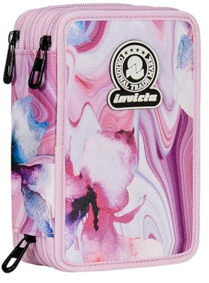 Invicta Federmäppchen, Mäppchen, Mehrfarbig, Federtasche für Schreibwaren, Etui mit Stiften, Kugelschreiber, & mehr, 3 Fächer, Mädchen & Jungen, Schule - Grundschule, XXL, 45-teilig, rosa