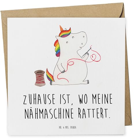 Mr. & Mrs. Panda Glückwunschkarte Einhorn Näherin - Geschenk, faltkarte, Grußkarte, Nähen, Unicorn, anlasskarte, Einhörner, doppelkarte, Basteln, Klappkarte, Stricken