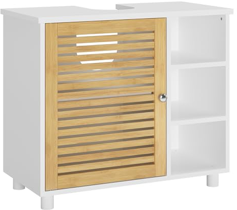 FORABAMB Waschbeckenunterschrank, Badezimmerschrank mit Bambustüren, 3 offene Fächer, viel Stauraum, Freistehend Badschrank Unterschrank, 62 x 30 x 60 cm