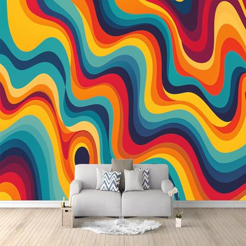 Fototapete Vlies Tapete Retro Bunte Wellenlinien 250x175 cm 3D Effekt Wandbild Vlies Wandtapete Moderne Wohnzimmer Mural Schlafzimmer Kinderzimmer TV Hintergrund Wand Dekora