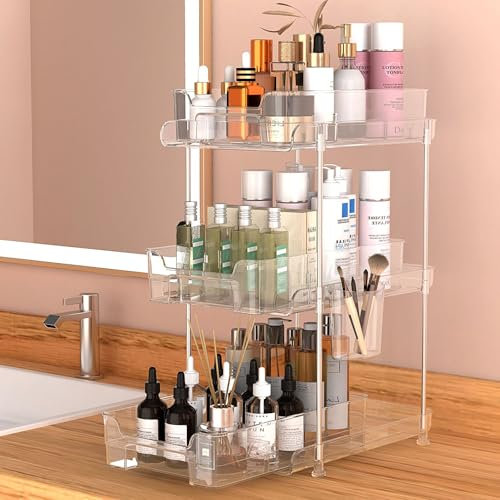 Techigher Organisateur de cuisine extensible avec tiroir coulissant, organisateur cosmétique polyvalent à 3 niveaux, rangement sous l'évier avec séparateurs pour outils de maquillage et collations