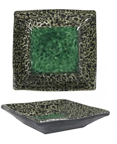 Lot de 12 assiettes carrés ELSA, plat de service creuses raffiné en porcelaine motif vert rugueux - diamètre 19 x hauteur 5 cm