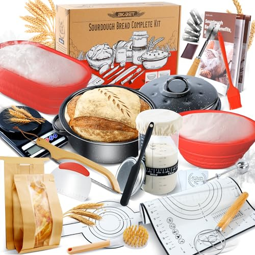 Sauerteig Brot Bakset mit hochwertigem Emaillepott und Gärkorb Brot Natur Roggenbrot Gärkorb Set Gärkorb Rund, Handgebacken Brotbackset, geeignet für Hobbybäcker und Sauerteig Brot Liebhaber (rot)