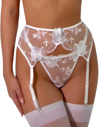 NewBull Women’s Sexy Lace Suspenders Garter Belt for Stockings Flower Embroidery Suspender Sets with 4 Adjustable Straps Transparent Lingerie with Thongs G-String Black/White