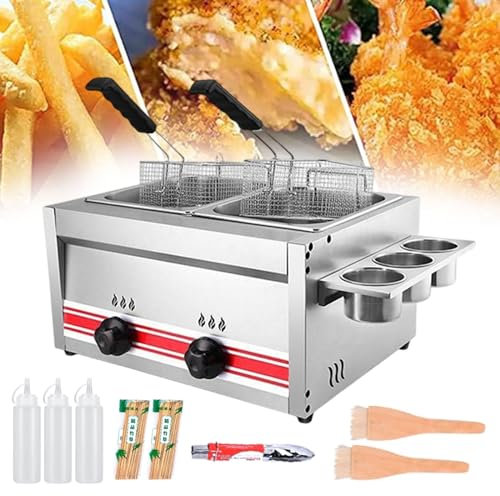 SFNIOKFG Gas Deep Fryer Commercial, Stainless Steel Deep Fat Fryer For Snack Bars, Restaurants, Adjustable Firepower, With Condiment Rack And Sauce Bottles, Kitchen Gas Fryer,20L