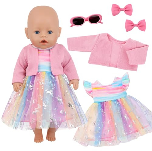 Xerteam 5 Pcs Cute Doll Clothes, 14-18 inch Baby Dolls Clothes with Pink Tulle Skirt, Coat, 2 Hair Clips with Cool Glasses, Doll Accessories for Kids Girl Doll Dress Up (Pink)