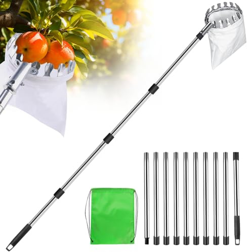 NAVESO Apple Picker with Telescopic Handle, 4M Fruit Picker Telescopic Pole, Apple Picker Tool with Stainless Steel Connecting Pole and Fabric Bag, 10 Sections Fruit Picker Grabber for Orchard, Farm