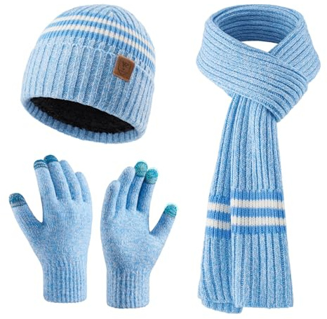 OZERO Juego de 3 Accesorios de Invierno Unisex - Bufanda, Gorro y Guantes - Lana Suave - Resistente al Viento y Calor - Guantes con Pantalla Táctil - Regalo para Hombres/Parejas/Familia, Azul y blanco