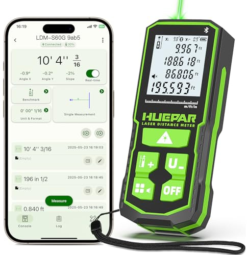 Laser-Entfernungsmesser mit Bluetooth-App, 60 m, ±1,6 mm hohe Genauigkeit, wiederaufladbarer grüner Laser-Entfernungsmesser von Huepar mit Mehreren Messmodi, Schutzart IP54, für Haus und Baustelle