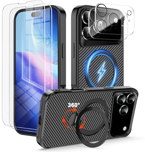 Ezanmull for iPhone 17 Pro Max Case with 360° Magnetic Stand [Compatible with MagSafe] – Carbon Fiber Protective Cover + 2X Tempered Glass Screen Protectors & 2X Camera Lens Protectors (Black)