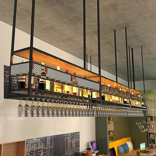 Hängande vinställ, hängande vinglasställ i metall, vinförvaringshållare i två nivåer för bar, för bar, restaurang, café, kök (Svart, 180cm)